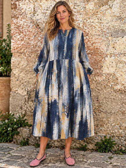 Cardydony Women's Vintage Boho Casual Abstract Brushstroke Print Midi Dress