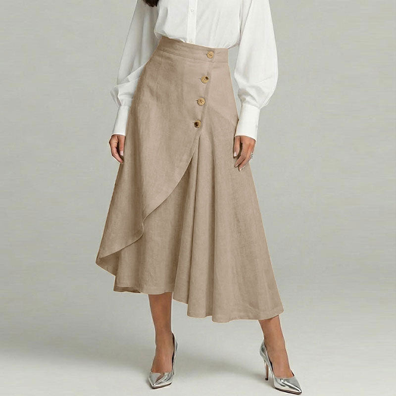 Cardydony Women's Casual Retro Irregular Ruffles Button Cotton And Linen Skirt