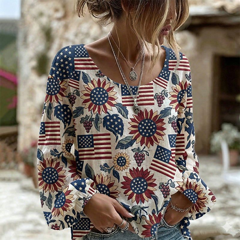 Cardydony Women's Independence Day Flag Sunflower Print Long Sleeve Linen Blend T-shirt
