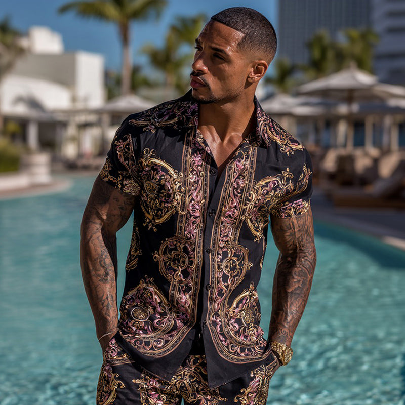 Cardydony Men's Fashion Baroque Pattern Cuban Shirt And Shorts Two-piece Set