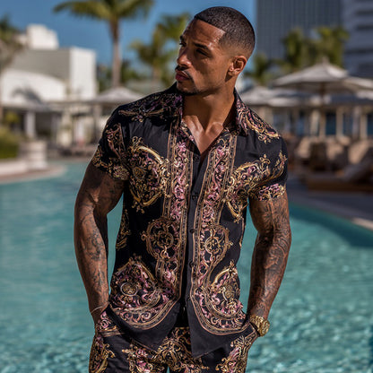 Cardydony Men's Fashion Baroque Pattern Cuban Shirt And Shorts Two-piece Set