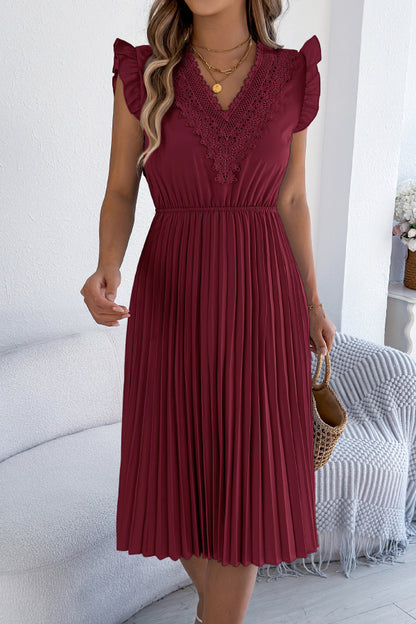 Cardydony Women's Solid Color V-neck Lace-trimmed Sleeveless Casual Pleated Midi Dress