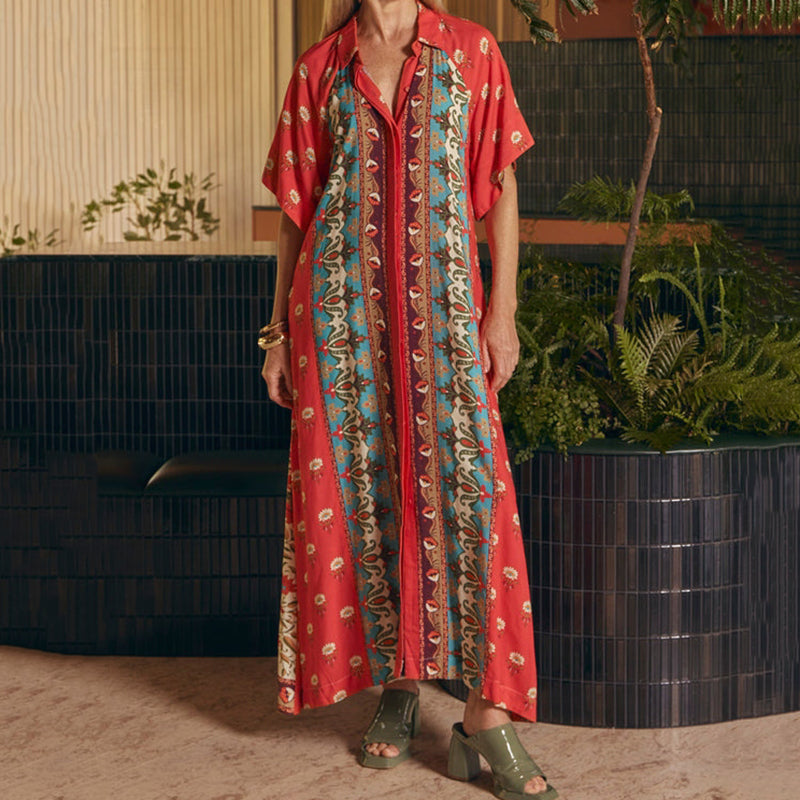 Cardydony Vintage Mediterranean Printed Linen Shirt Dress