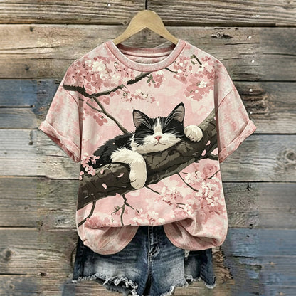 Cardydony Retro Cute Cat And Cherry Blossom Pattern Casual T-shirt