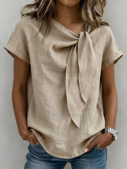 Cardydony Casual Short Sleeves Lace Up Linen T-shirt
