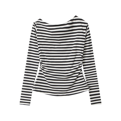 Cardydony Women's Off-Shoulder Striped Top | Cotton Long Sleeve Casual Tee