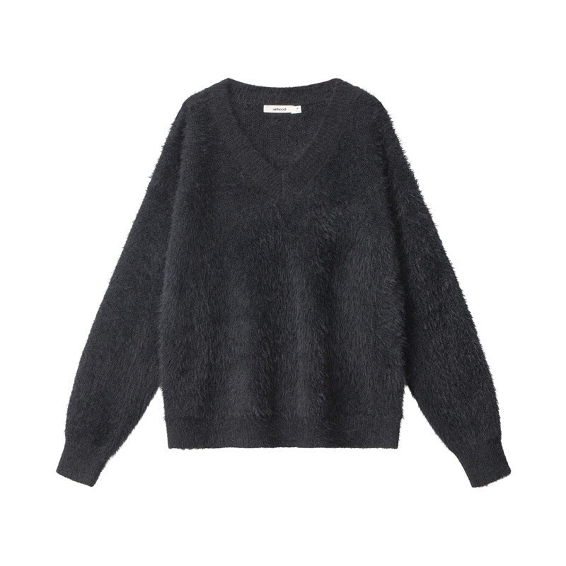 Cardydony Women's Fluffy V-Neck Sweater | Soft Fuzzy Winter Pullover