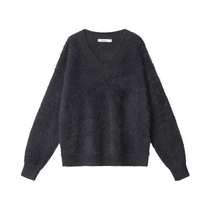 Cardydony Women's Fluffy V-Neck Sweater | Soft Fuzzy Winter Pullover