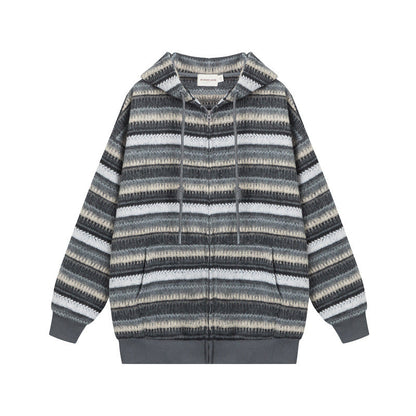 Cardydony Women's Vintage Striped Knitted Hooded Jacket