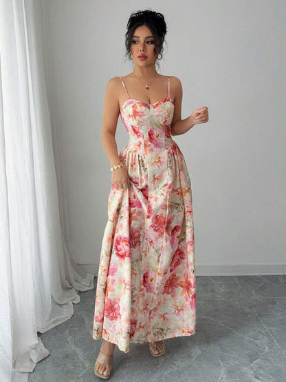 Cardydony Women's Floral Chiffon Maxi Dress for Women – Sleeveless V-Neck Corset Gown