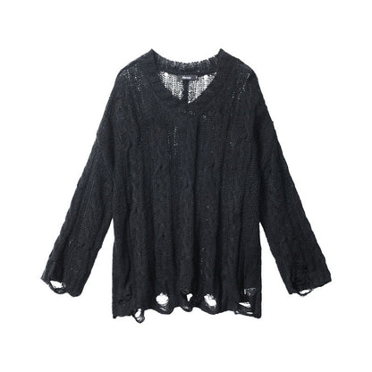 Cardydony Women's Oversized Cable Knit Sweater | Distressed V-Neck Pullover
