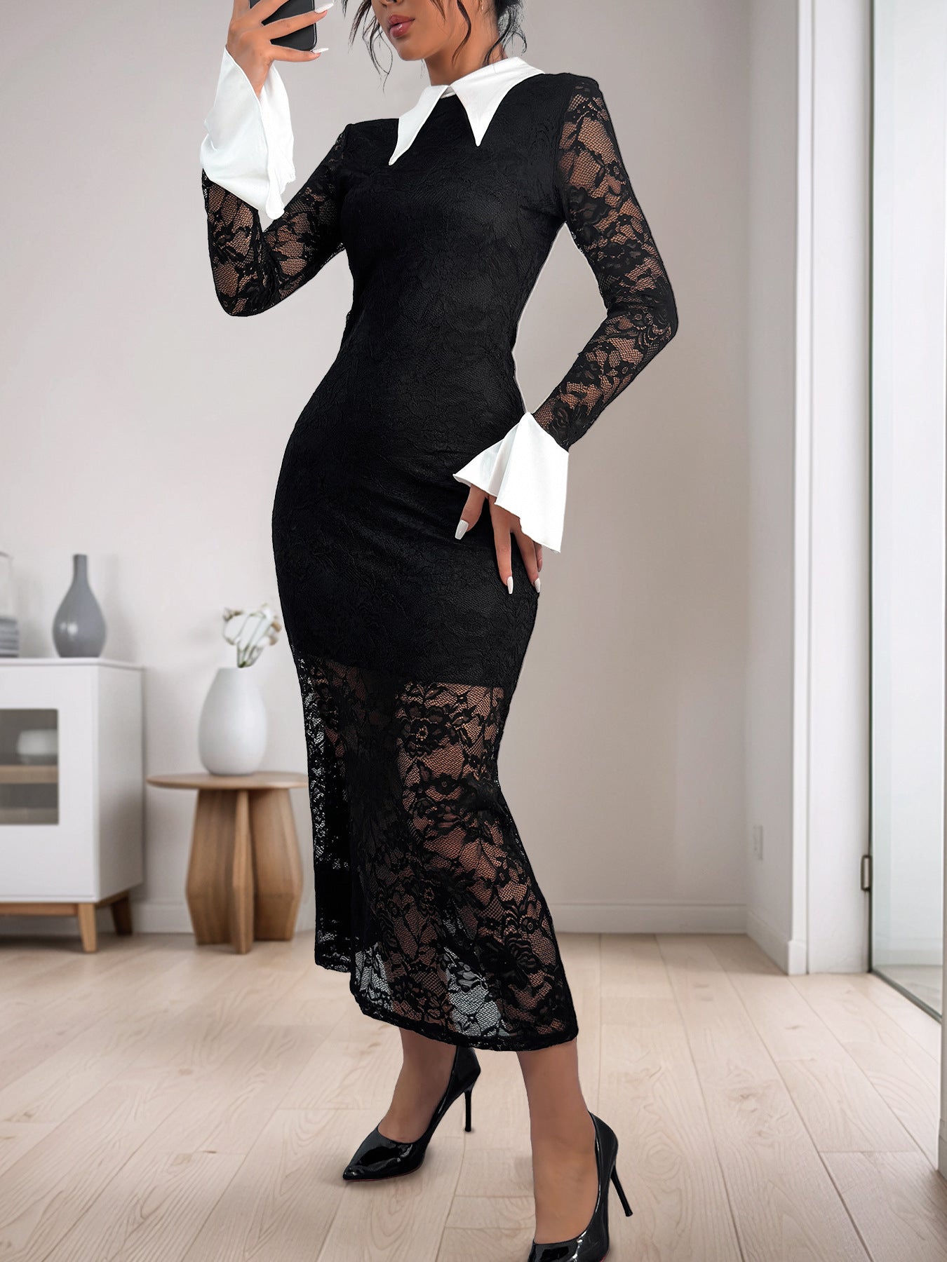 Cardydony Women's Lace Bodycon Midi Dress | Long Sleeve Collared Dress