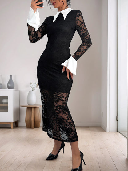Cardydony Women's Lace Bodycon Midi Dress | Long Sleeve Collared Dress