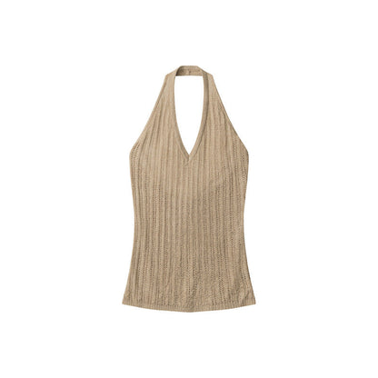 Cardydony Women's White Tank Top｜Commuter Style Knit Halter Neck Slim Fit