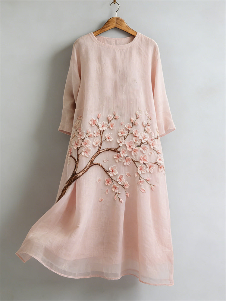 Cardydony Cherry Blossom Japanese Flowy Linen Maxi Dress