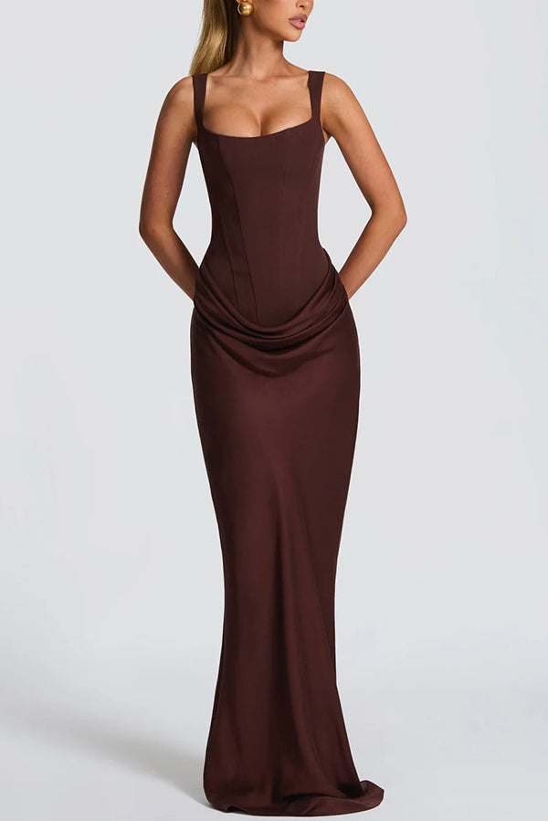 Cardydony Women's Larrah Square Neck Back Lace-up Satin Drape Hem Maxi Dress