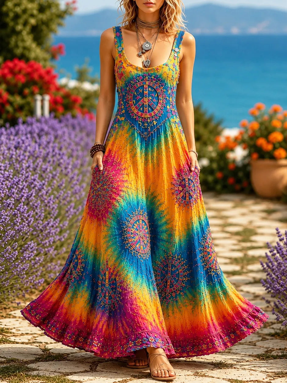Cardydony Women's Hippie Peace Sign Tie Dye Sleeveless Dress