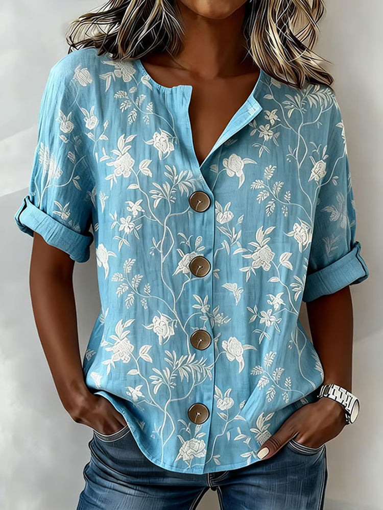 Cardydony Women Vintage Floral Art Stand Collar Long Sleeve Shirt