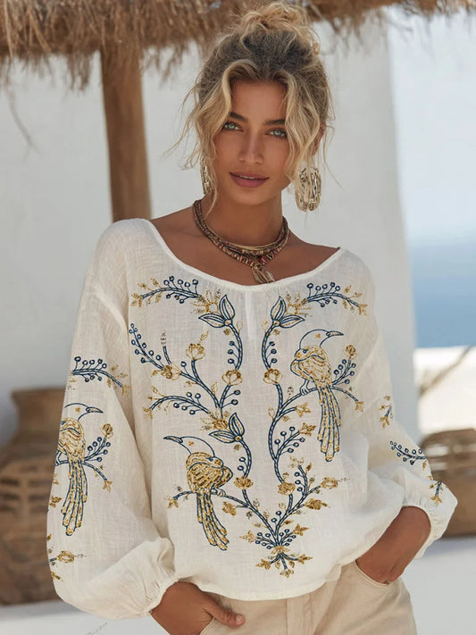 Cardydony Women's Floral And Bird Pattern Linen Blend Crew Neck T-shirt