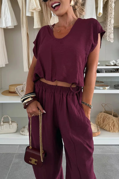 Cardydony Women's  Linen Blend Solid Color V-neck Short-sleeved Top and Elastic Waist Pocket Bloomers Pants Set