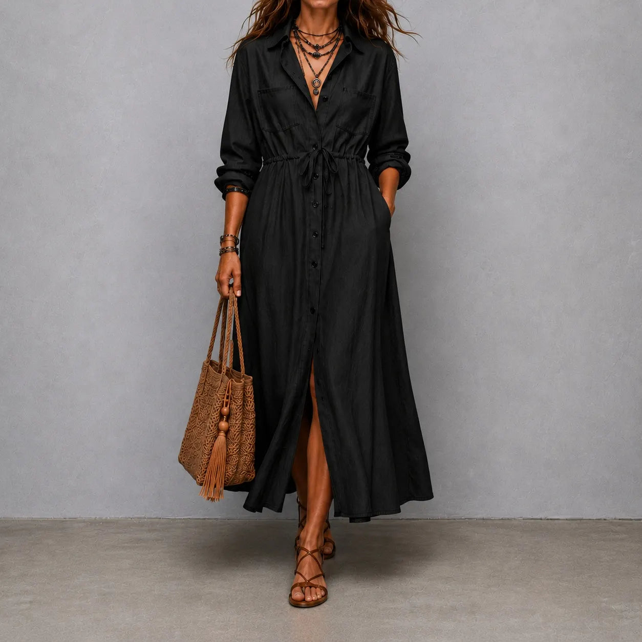Cardydony Elegant Long-sleeved Drawstring Waist Shirt Dress Maxi Dress