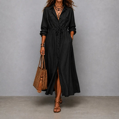 Cardydony Elegant Long-sleeved Drawstring Waist Shirt Dress Maxi Dress