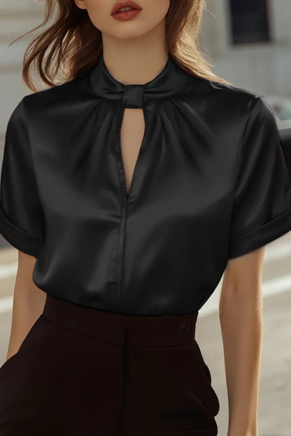Cardydony Women's Solid Color Satin Openwork Casual Short-sleeved Shirt
