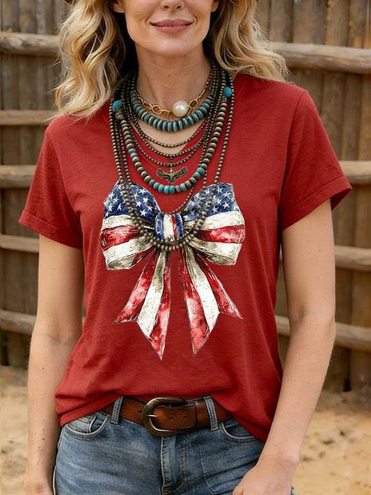 Cardydony Women's Vintage Independence Day Flag Bow Patchwork Art Printt-shirt