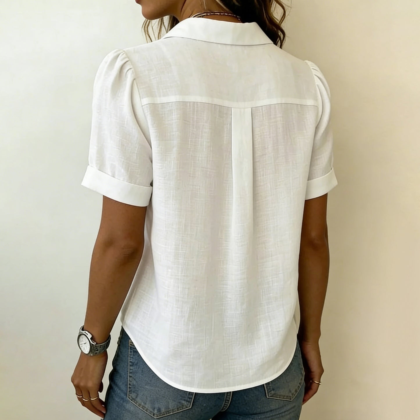 Cardydony Loose Lapel Short Sleeve Pleated Cotton Shirt