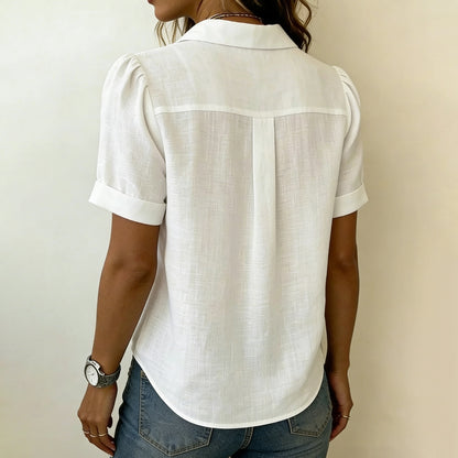 Cardydony Loose Lapel Short Sleeve Pleated Cotton Shirt