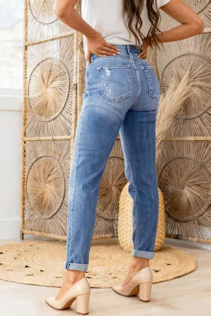 Cardydony Women's Stylish High-waisted Button-down Casual Pocket Ripped Jeans
