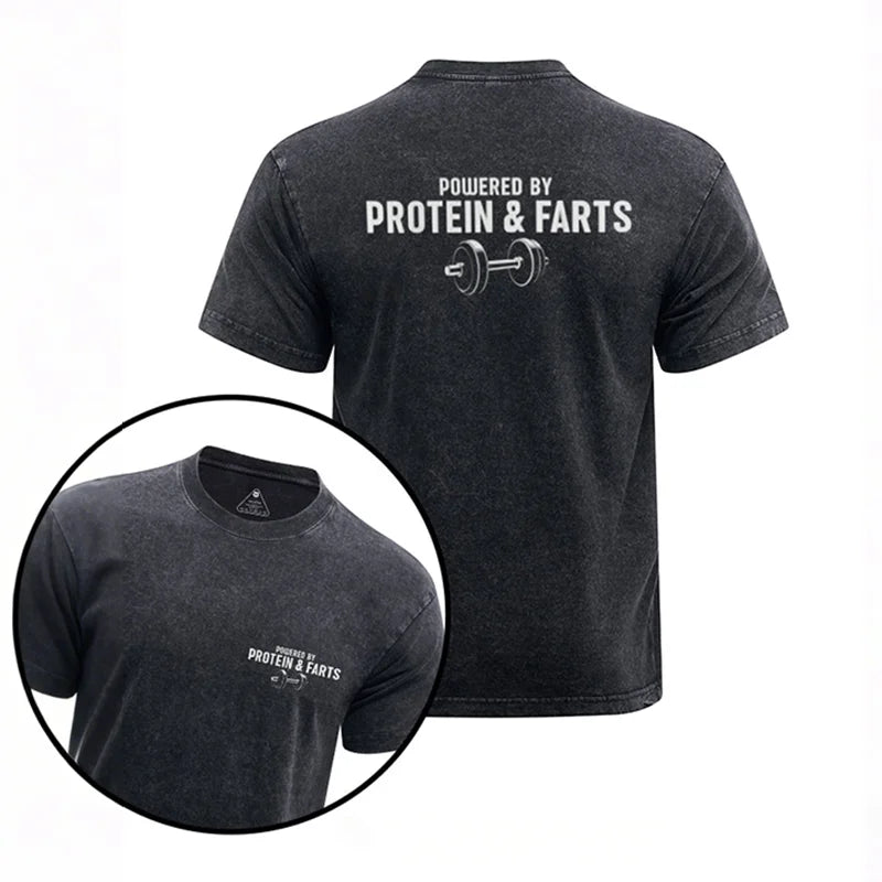 Cardydony Powered By Protein & Farts Printed Washed Gym Shirt