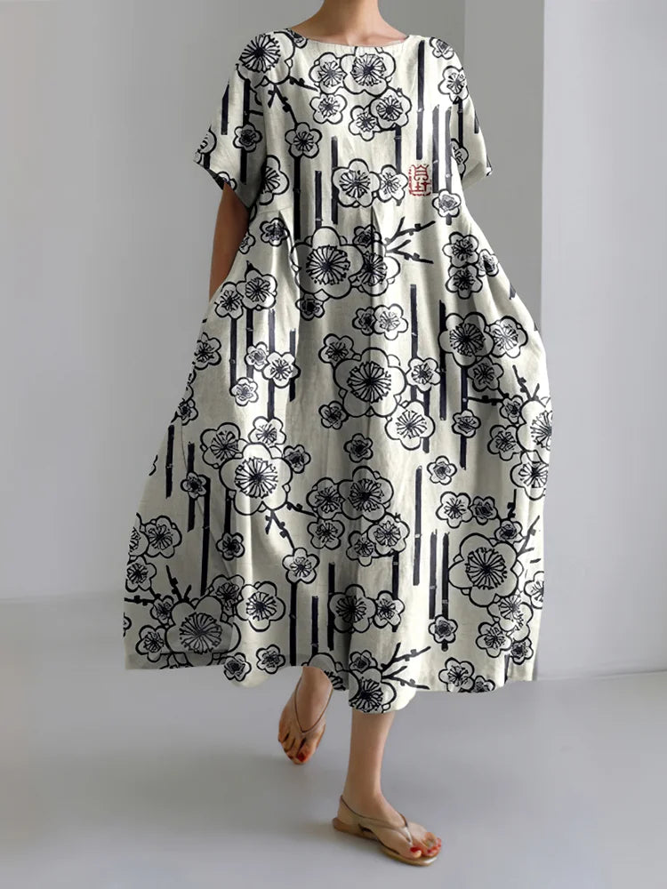 Cardydony Japanese Art Cherry Blossom Print Short Sleeve Loose Midi Dress