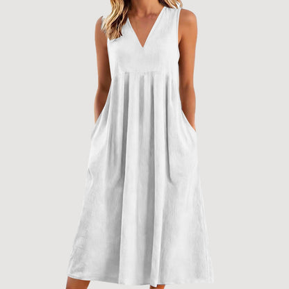 Cardydony Women's Solid Color V-neck Sleeveless Linen Blend Midi Dress