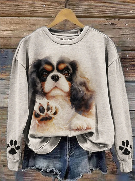 Cardydony Cavalier King Charles Spaniel Dog Watercolor Paw Prints Sweatshirt