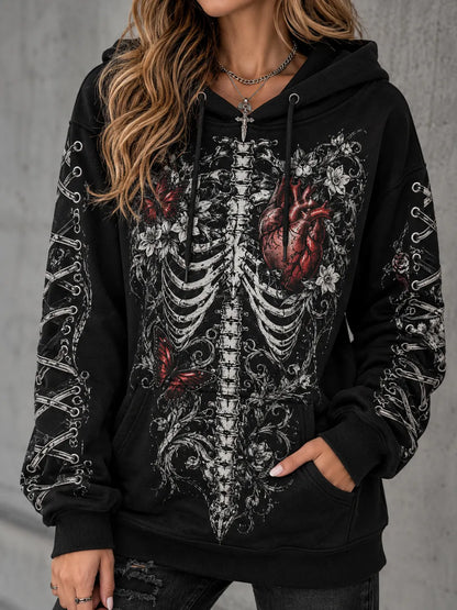 Cardydony Women's Punk Skull Heart Skeleton Print Hoodie