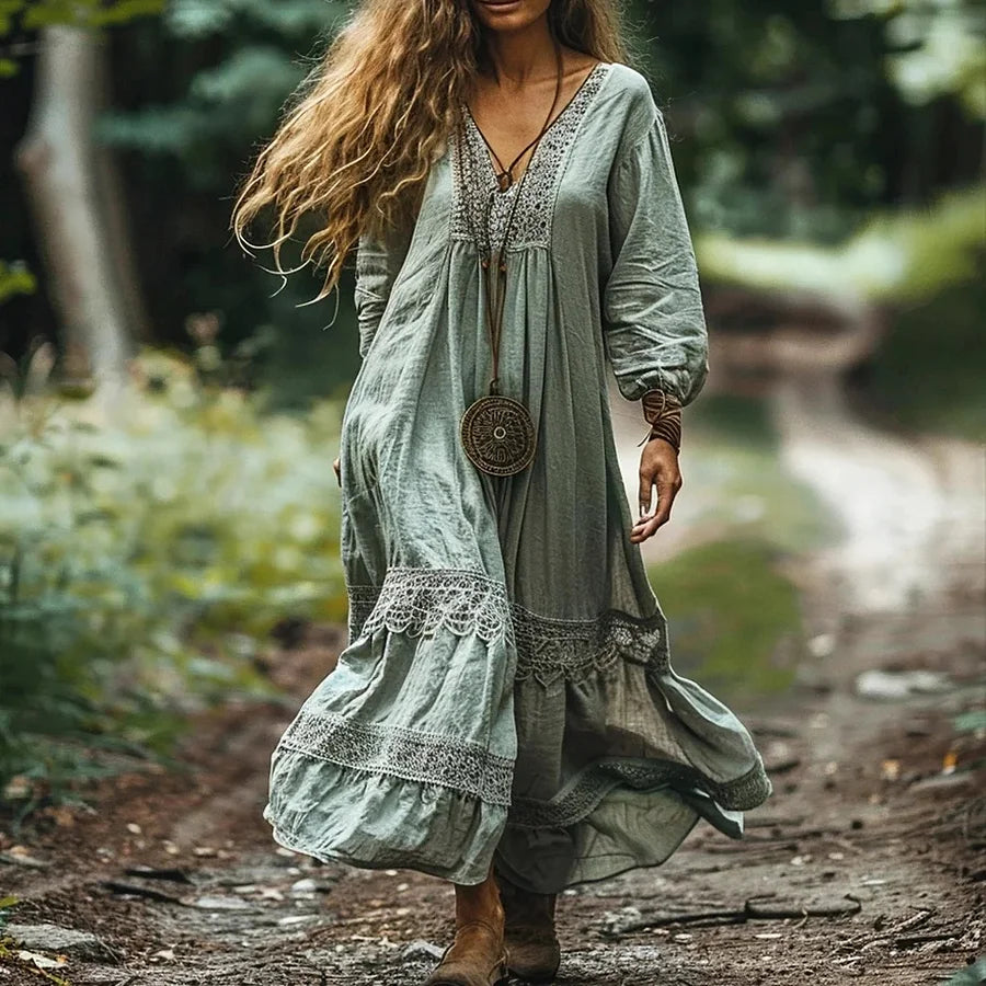 Cardydony Women's Bohemian V-neck Linen Blend Ethnic Midi Dress