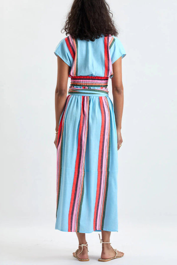 Cardydony Women's Stylish Striped Print V-neck Cropped Top and Elastic Waist Casual Maxi Skirt Set