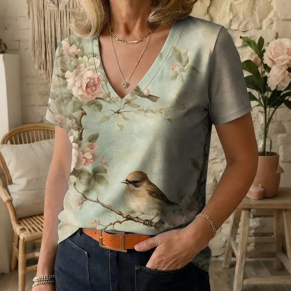 Cardydony Women's Floral And Bird Print V-neck Short Sleeve T-shirt