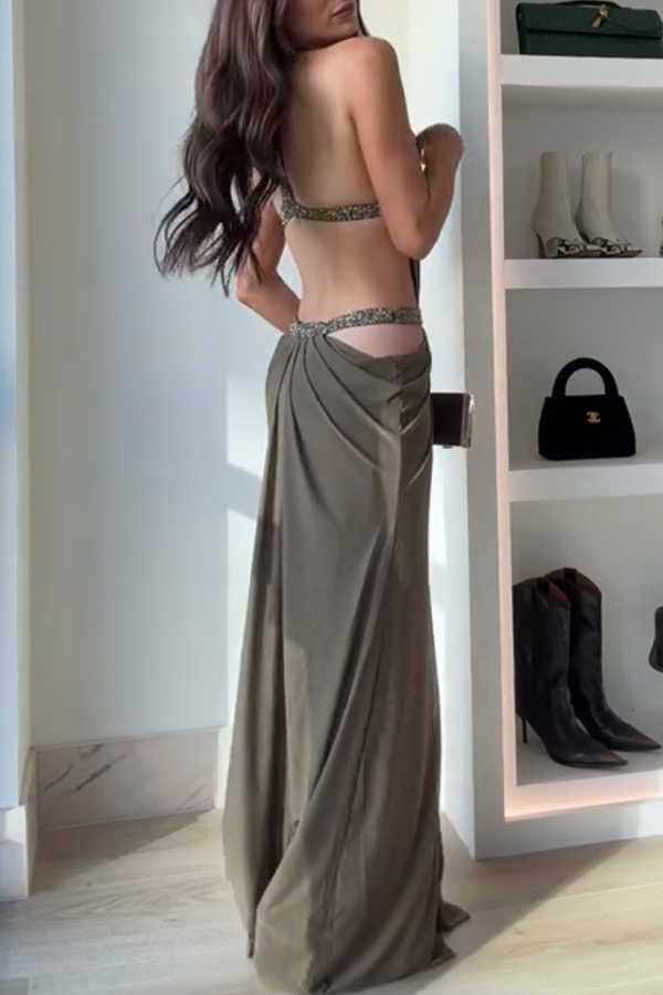 Cardydony Women's Khaki Hot-fix Rhinestone Shoulder Strap Cutout Design Backless Drape Maxi Dress