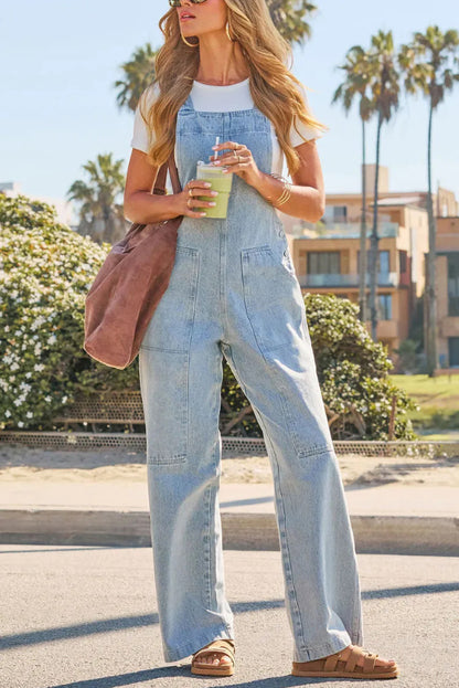 Cardydony Women's Stylish Loose Pockets Side Buttons Wide-leg Denim Jumpsuit
