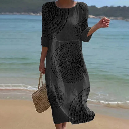 Cardydony Vintage Patchwork Art Pattern Linen Blend Loose Three-quarter Sleeve Dress