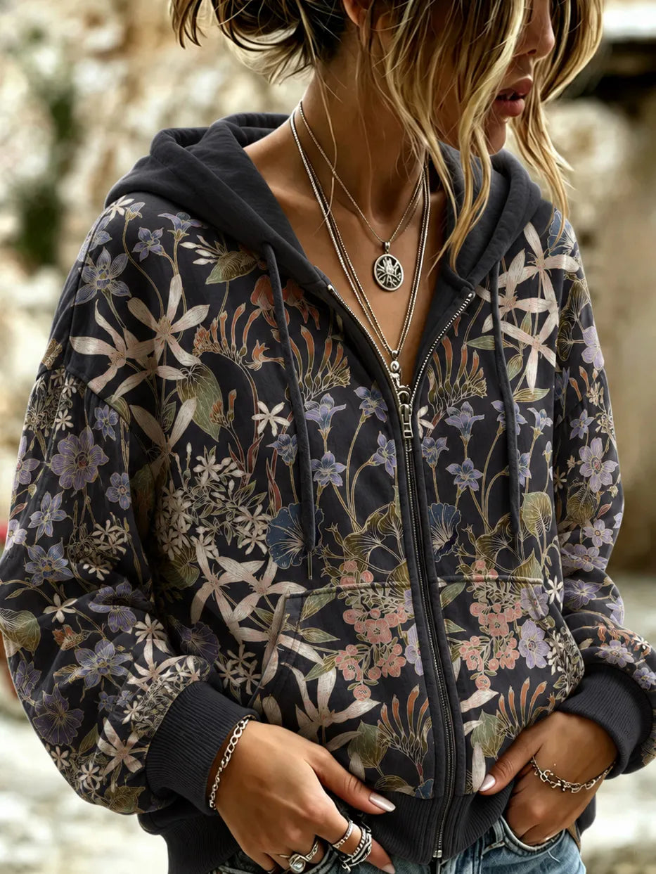Cardydony Women's Autumn And Winter Floral Art Flowy Hooded Zipper Tops