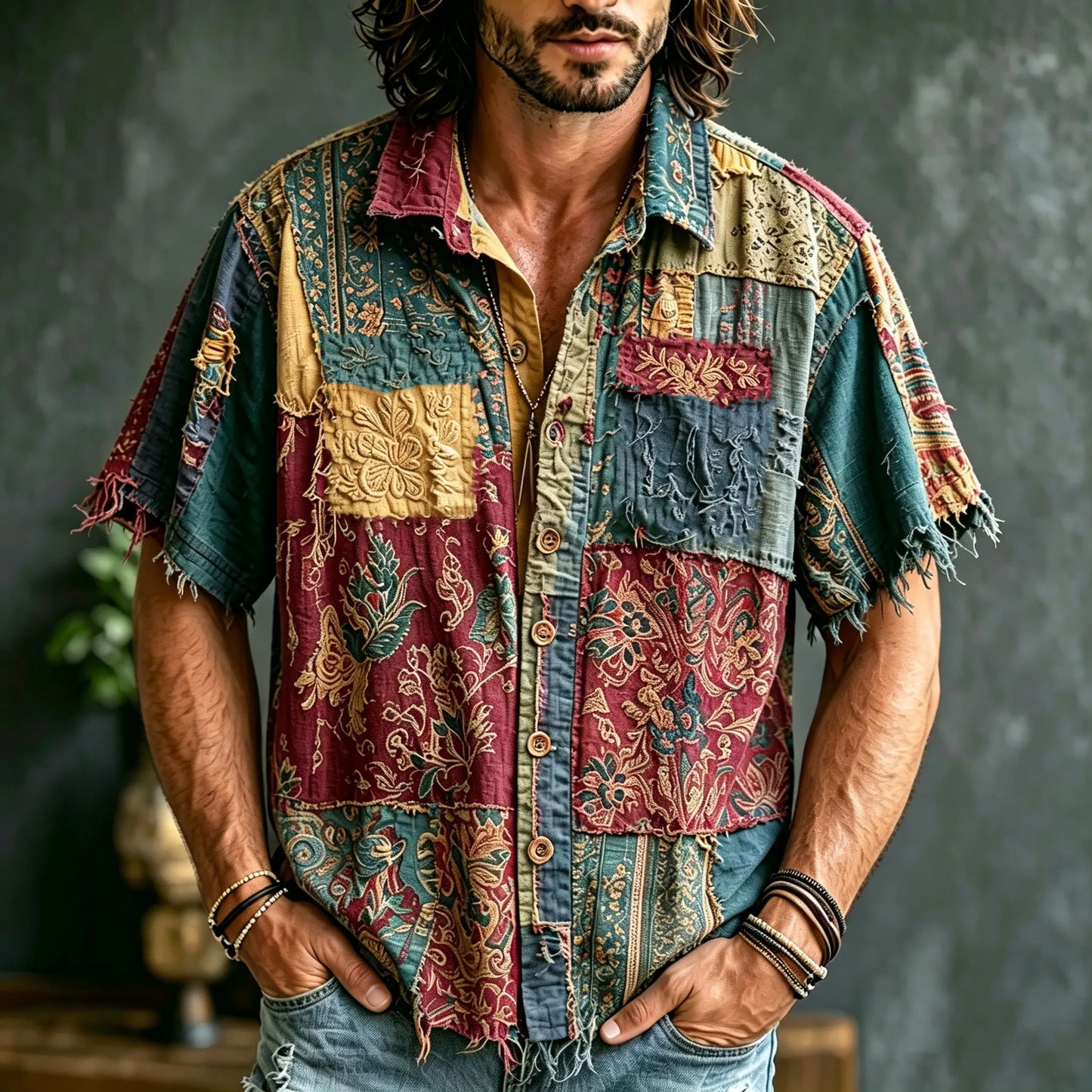 Cardydony Men's Retro Hippie Style Patchwork Short-sleeve Shirt