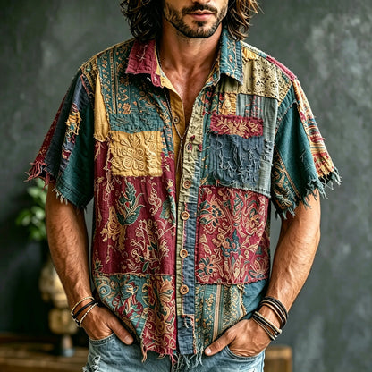 Cardydony Men's Retro Hippie Style Patchwork Short-sleeve Shirt