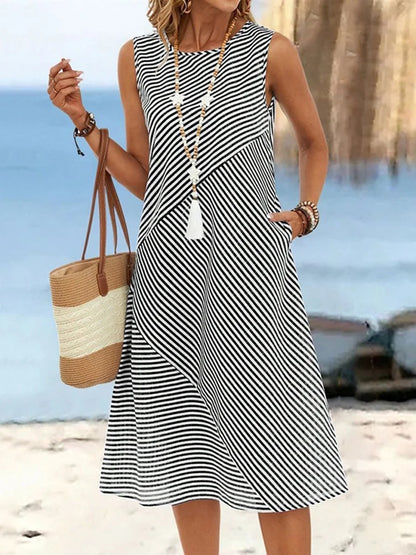 Cardydony Retro Stripes Pattern Comfy Linen Tank Dress