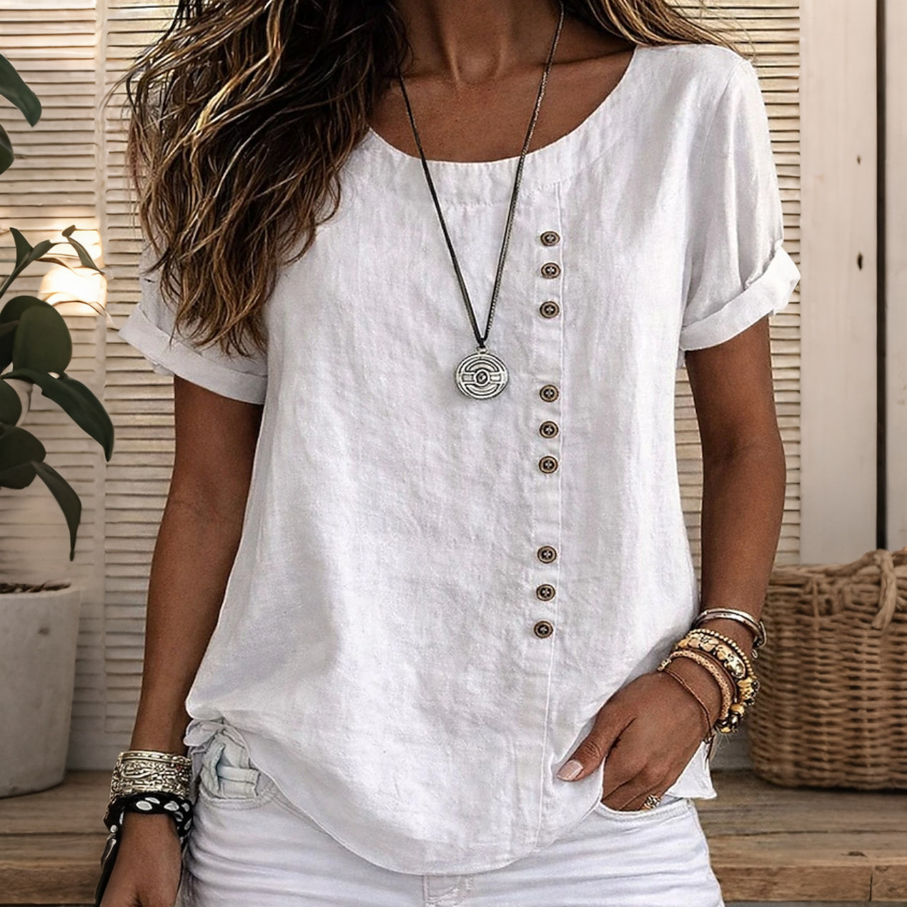 Cardydony Women's Solid Color Round Neck Button Design T-shirt