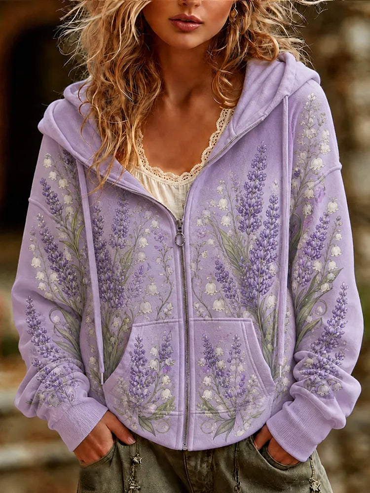 Cardydony Women's Full-zip Hoodie Sweatshirt With Lavender And Lily Of The Valley Floral Print