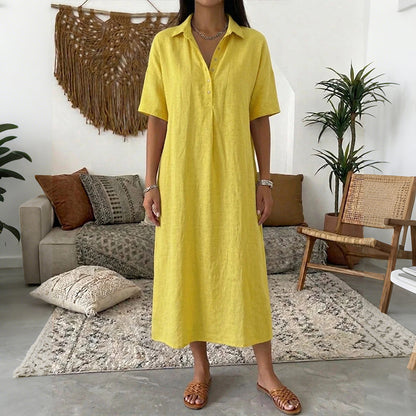 Cardydony Women's Solid Color Lapel Linen Blend Shirt Midi Dress