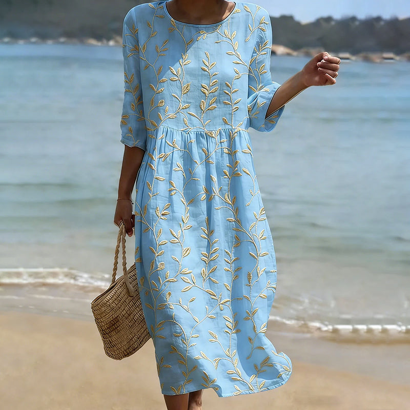 Cardydony Vintage Floral Art Pattern Linen Blend Loose Three-quarter Sleeve Dress